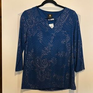 JM Collection Blue V-Neck 3/4 Sleeve Top with Silver Sparkle